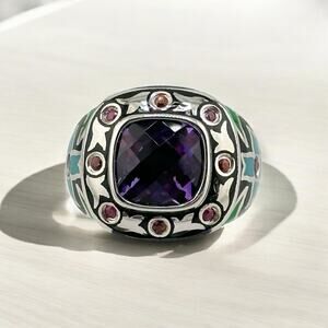 Sterling 925 Ring w/ Enamel and Faceted Purple and Pink Stones Size 6